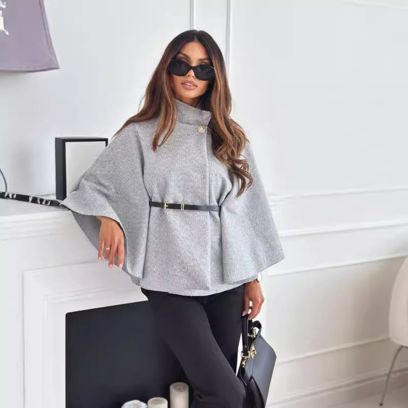 Women's gray jacket with flared butterfly sleeves and belted peplum waist