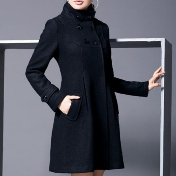 Women’s black hooded coat with double-breasted button closure and flap chest pocket