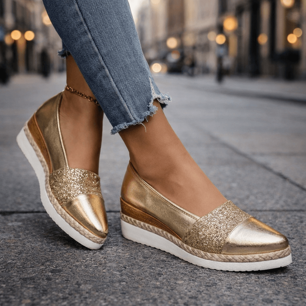 Gold glitter espadrille wedge sandal with V-cut upper and rope-wrapped sole