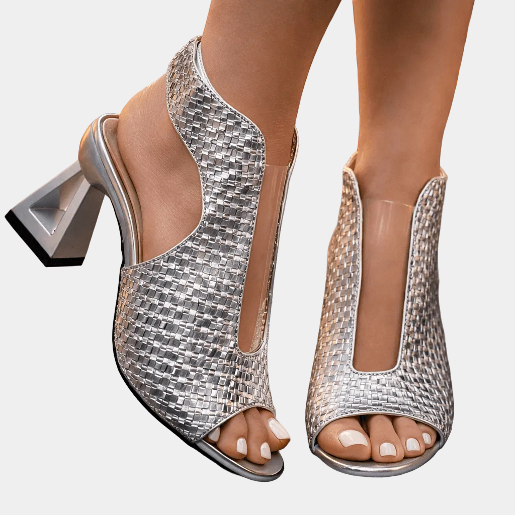 Silver woven peep-toe high-heel sandals with ankle strap and block heel