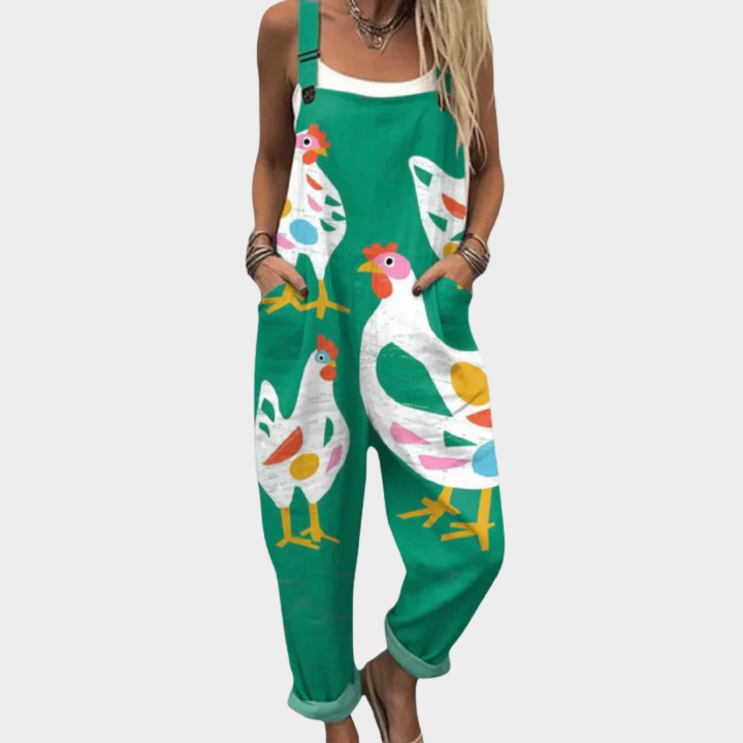Green loose overalls with colorful bird print, adjustable straps and front bib pocket