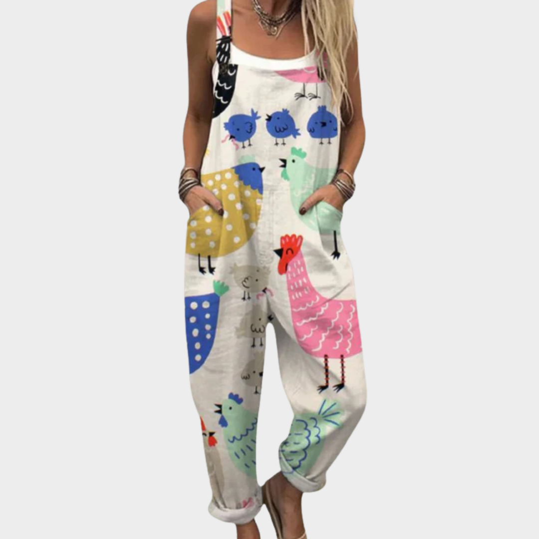 Loose printed sleeveless jumpsuit with multicolor animal pattern