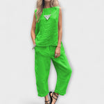 Green sleeveless tunic top and matching wide-leg pants, linen-cotton blend