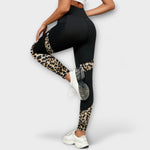 High-waist workout leggings, black with tan leopard side stripe detail