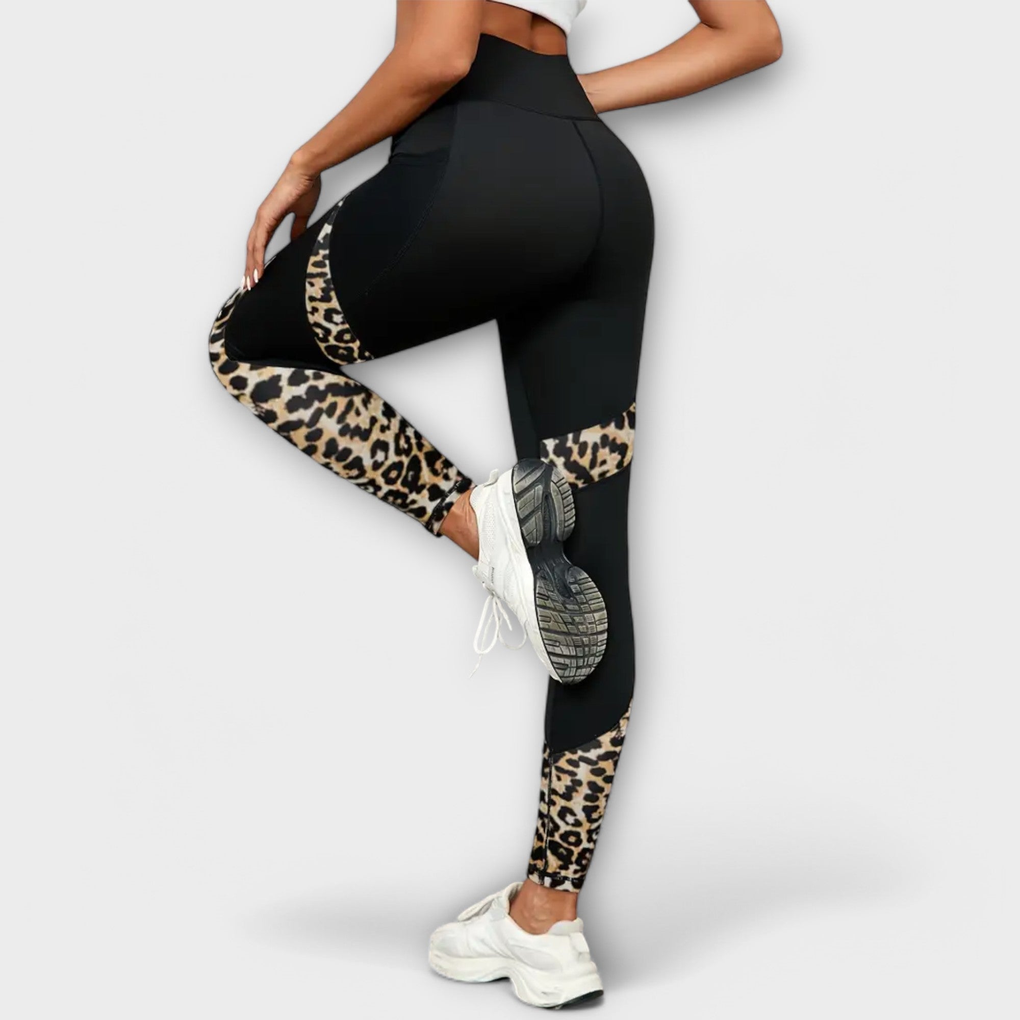 High-waist workout leggings, black with tan leopard side stripe detail