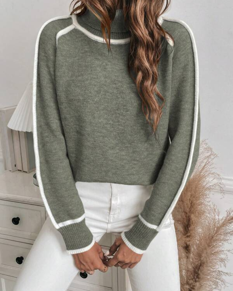 Olive green knit sweater with white trim stripes along collar, cuffs, and hem