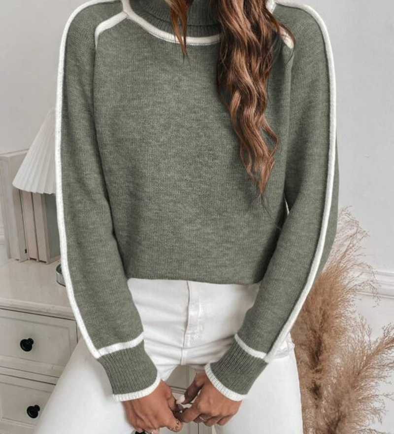 Olive green knit sweater with white contrast stripes at collar, cuffs, and hem