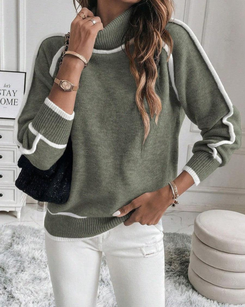 Olive green knit sweater with white stripe trims; mock neck, long sleeves