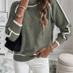 Olive green knit sweater with white stripe trims; mock neck, long sleeves
