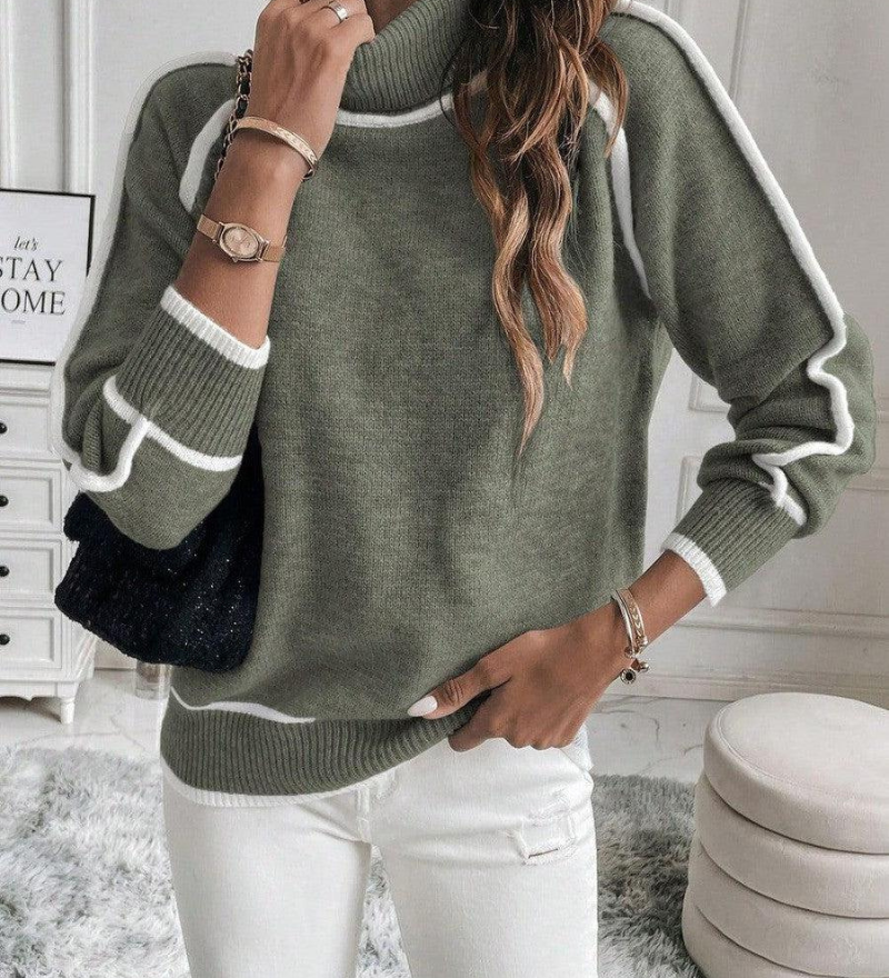 Olive green knit sweater with white stripe trims; mock neck, long sleeves