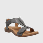 Gray orthopedic sandals with open toe, cushioned footbed, and two padded straps
