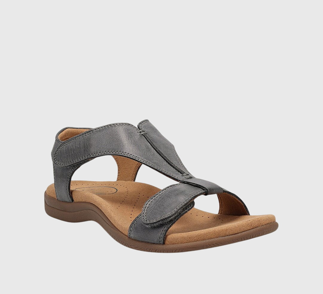 Gray orthopedic sandals with open toe, cushioned footbed, and two padded straps