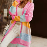 Noemi pastel striped long cardigan, pink with orange, teal, and blue color blocks