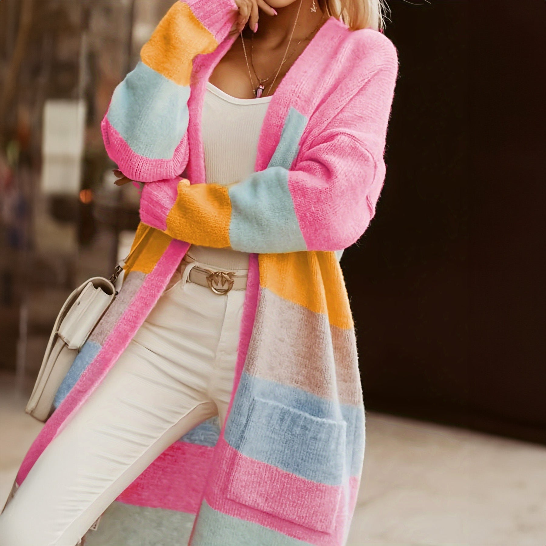Noemi pastel striped long cardigan, pink with orange, teal, and blue color blocks