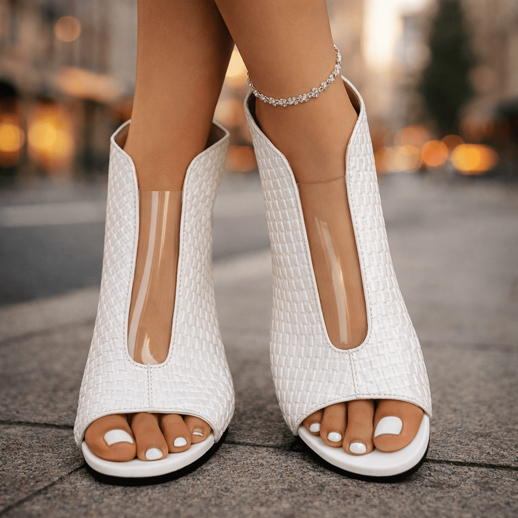 White woven peep-toe heeled sandals with open ankle and block heel