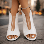 White woven peep-toe heeled sandals with open ankle and block heel