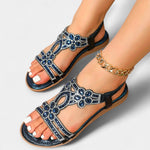 Orthopedic boho sandals navy with silver rhinestone flower straps and gold chain anklet