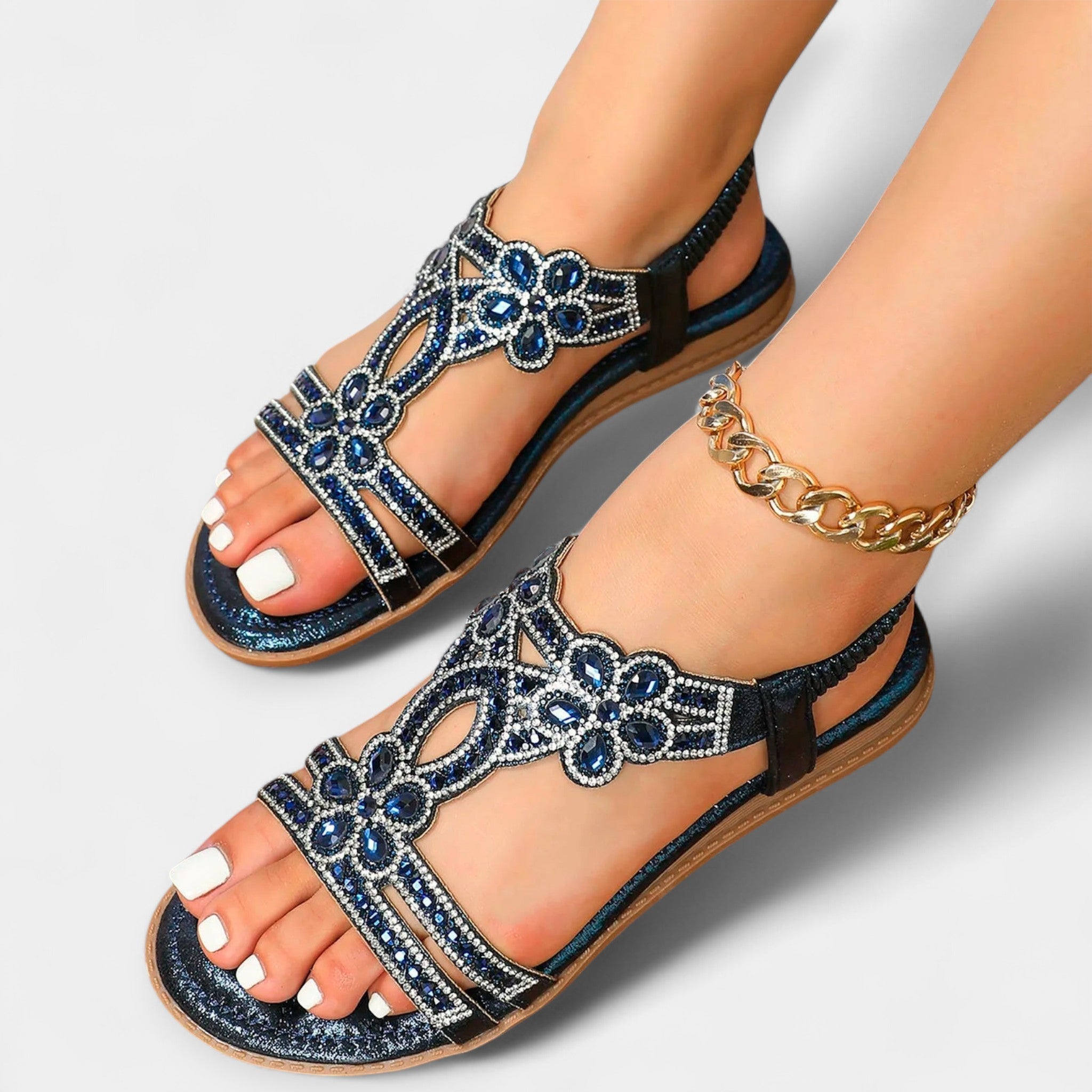 Orthopedic boho sandals navy with silver rhinestone flower straps and gold chain anklet