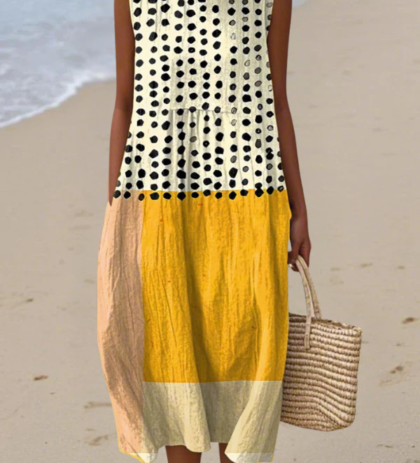 Leah™ polka-dot colorblock midi dress, sleeveless cream and yellow with black dots