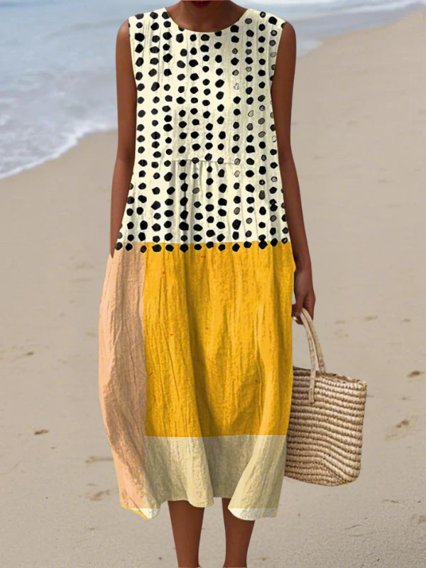 Leah™ polka-dot colorblock midi dress, sleeveless cream and yellow with black dots