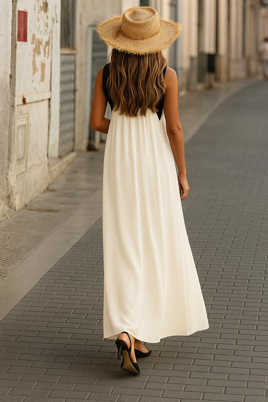 Elegant summer halter dress, white with cross halter straps and open-back look