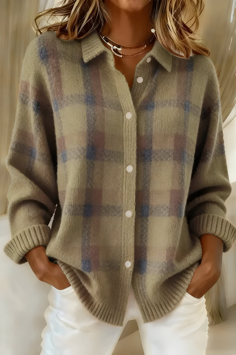 Olive plaid knit cardigan with button-front, V-neck collar, long sleeves.
