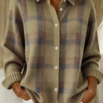 Olive plaid knit cardigan with button-front, V-neck collar, long sleeves.