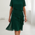 Green layered short-sleeve chiffon dress with tiered ruffle skirt