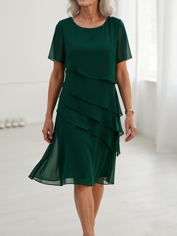 Green layered short-sleeve chiffon dress with tiered ruffle skirt
