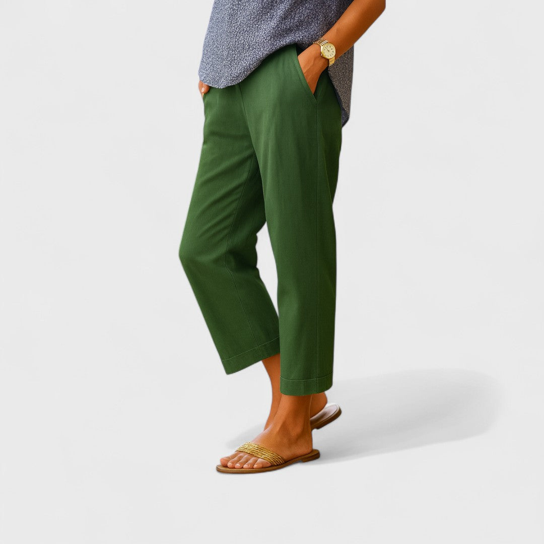 Green linen-cotton summer pants, relaxed fit with cuffed cropped hem