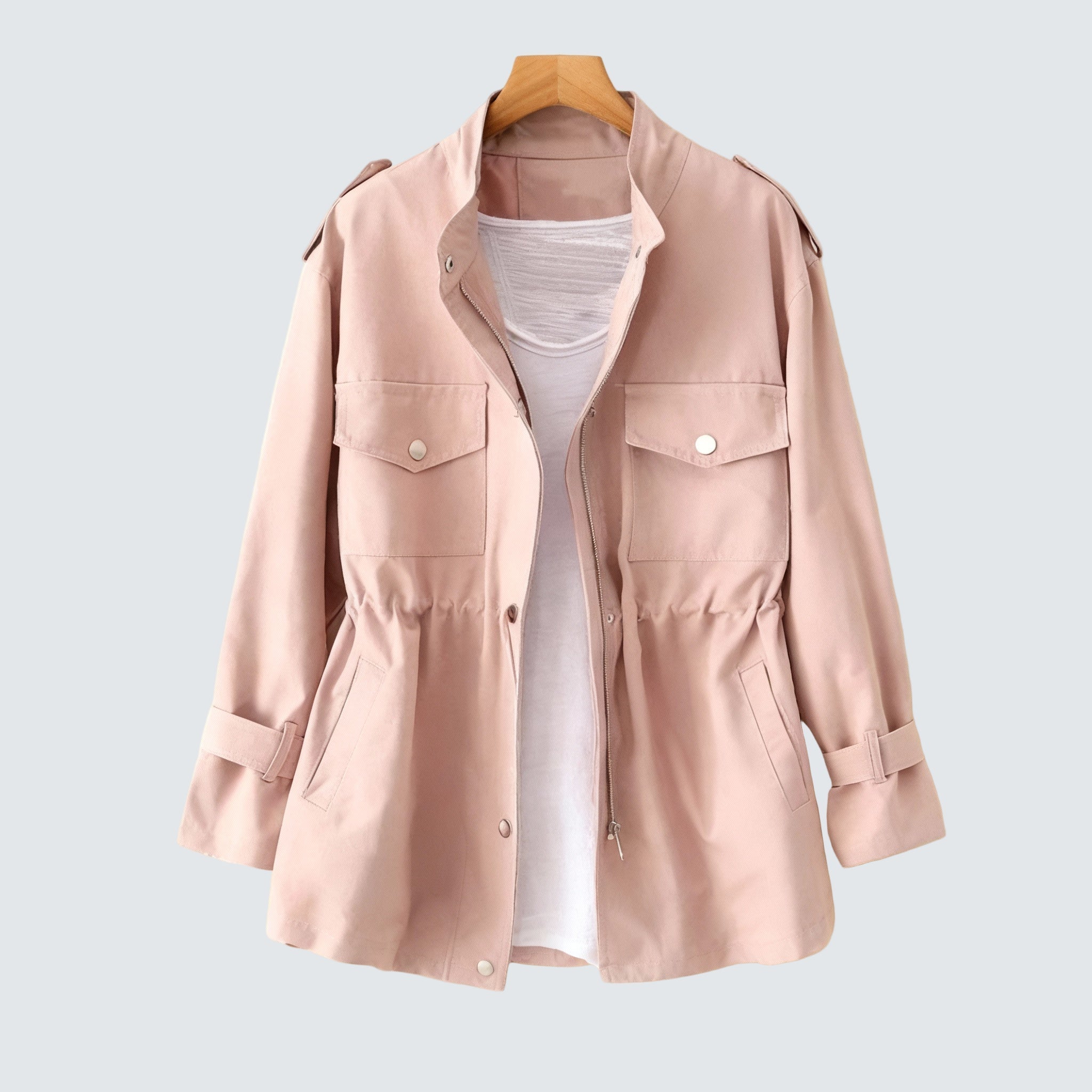 Pink button-front coat with stand collar, chest pockets, and drawstring waist