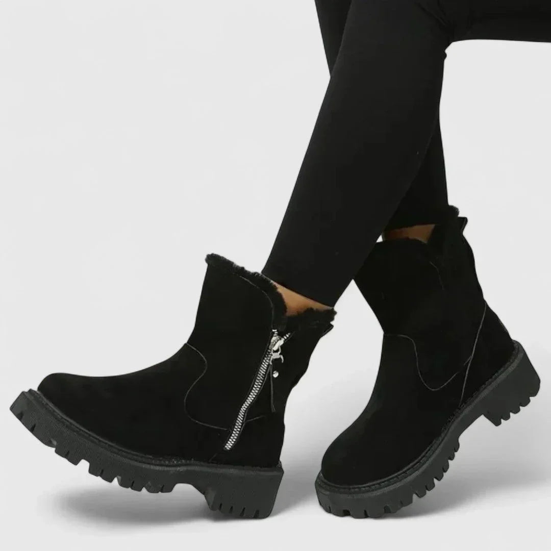 Black suede ankle boots with faux-fur trim and side zipper, chunky tread sole