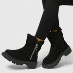 Black suede ankle boots with faux-fur trim and side zipper, chunky tread sole