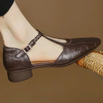 Brown leather T-strap flats with buckle and braided trim, low block heel