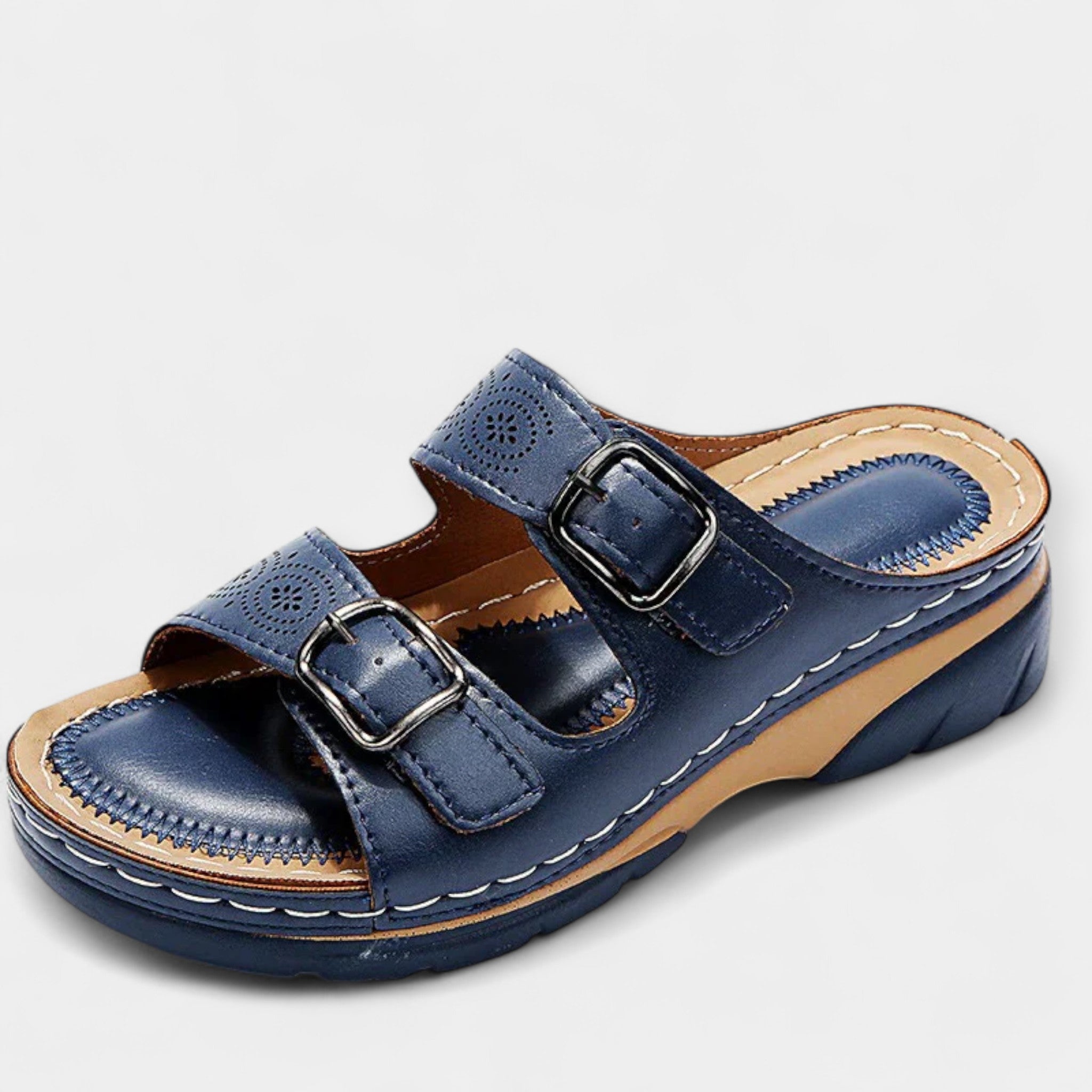 Pain-Free Support sandals in dark blue with two adjustable buckle straps and perforated toe