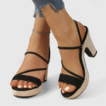 Black orthopedic heeled sandals with T-strap across foot and chunky heel