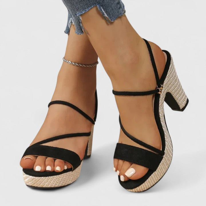 Black orthopedic heeled sandals with T-strap across foot and chunky heel