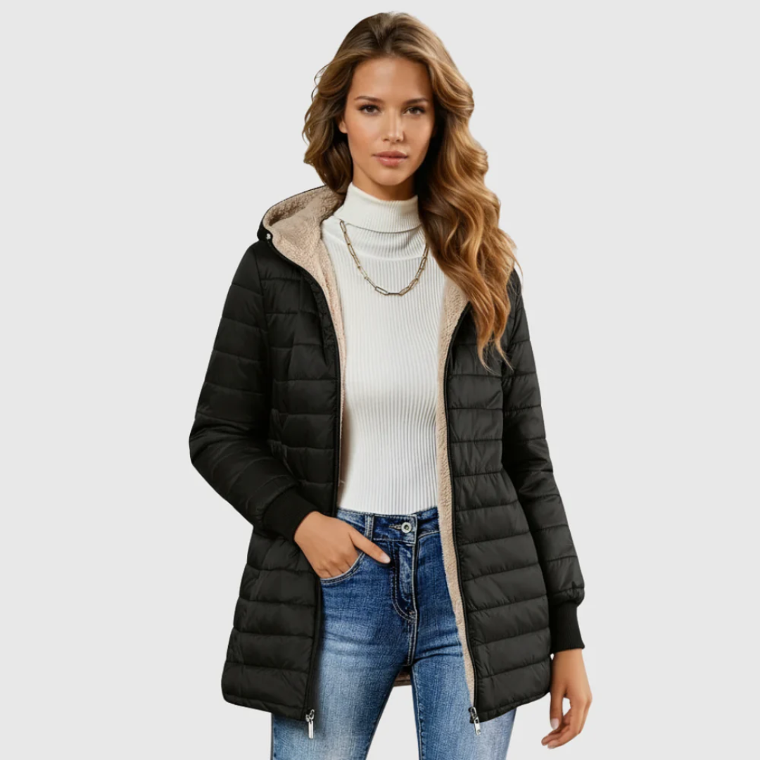 Puffy winter coat in black, quilted puffer with sherpa-lined hood and zip details