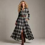 Black and white plaid belted maxi shirt dress with long sleeves and front button placket
