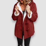 Winter hooded jacket with soft lining, burgundy red, toggle front and sherpa cuffs