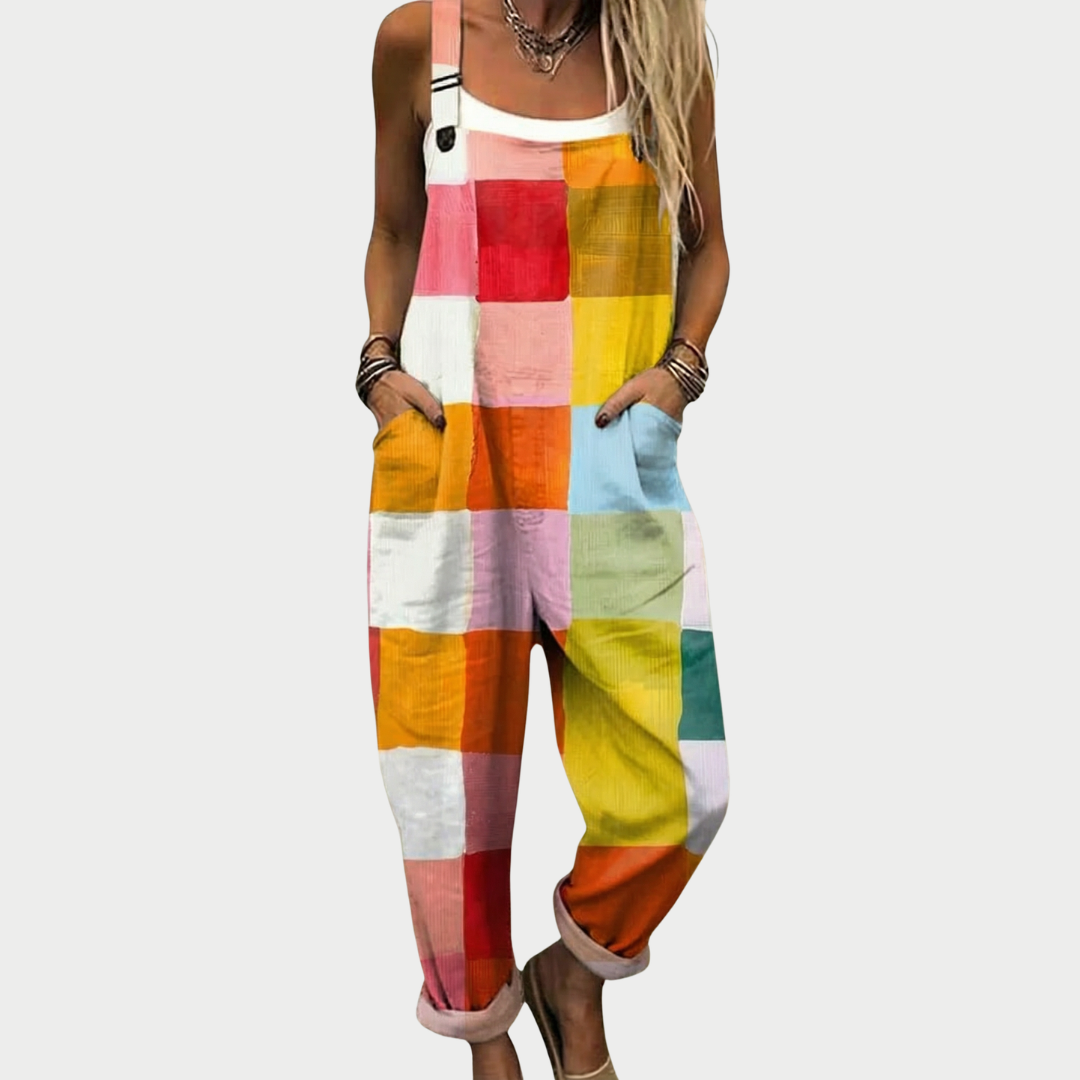 Multicolor patchwork printed loose overalls with wide straps and front pockets