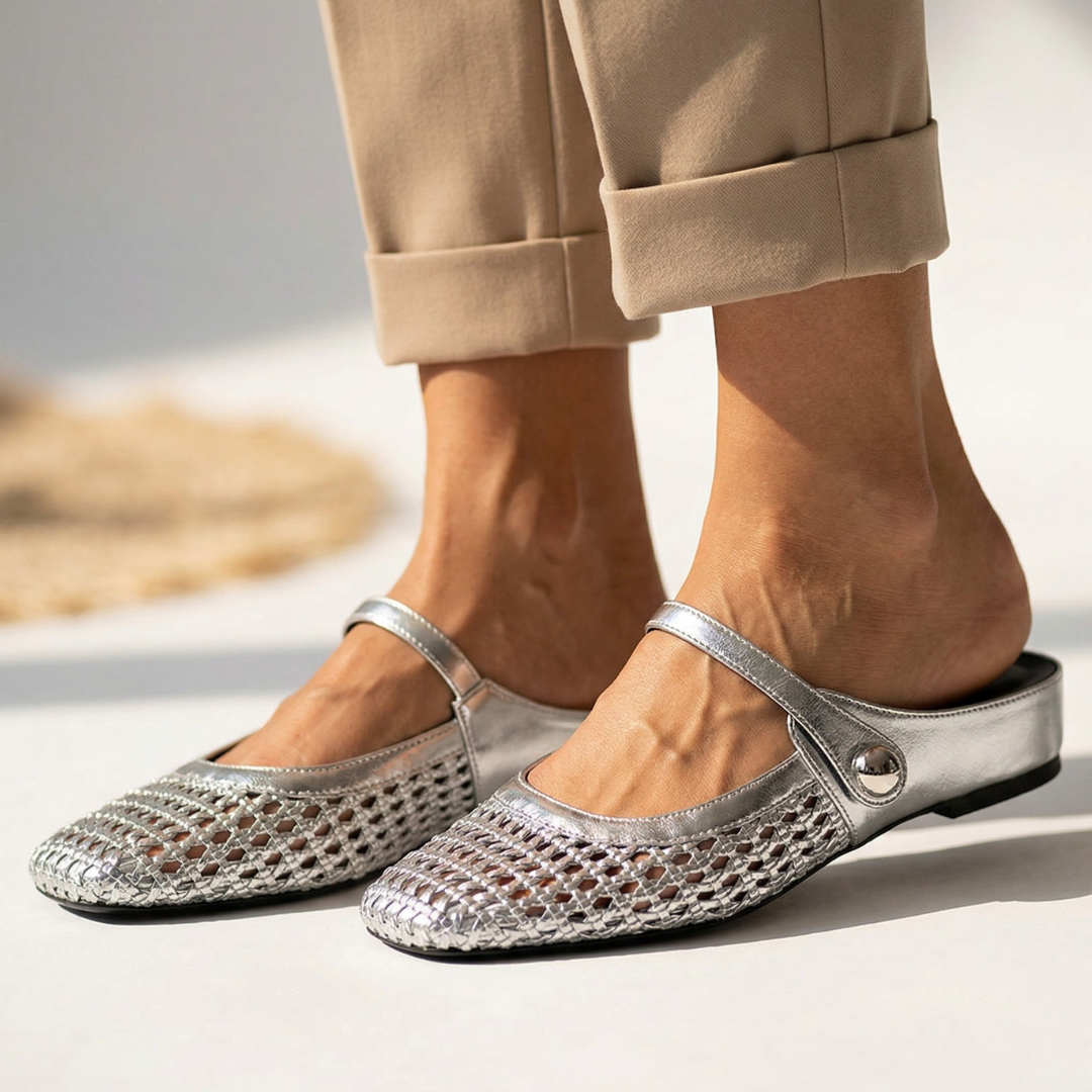 Sophia square-toe loafers with silver-toned mesh, low flat sole, ankle strap button