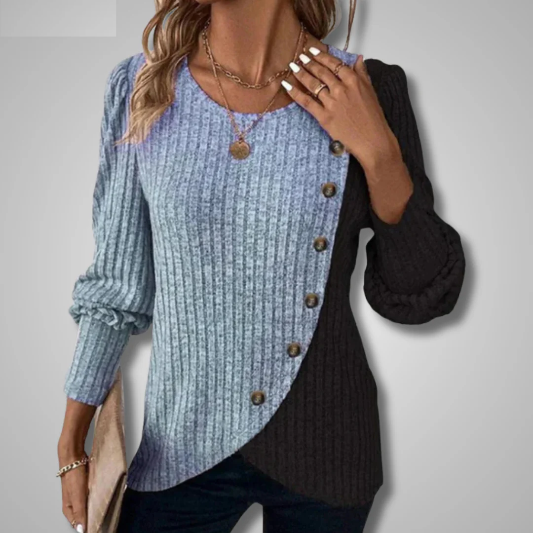 Light blue ribbed knit top, long sleeves, button-front asymmetric hem