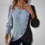 Light blue ribbed knit top, long sleeves, button-front asymmetric hem