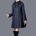 Women’s dark navy hooded coat with double-breasted buttons and side flap pocket styling