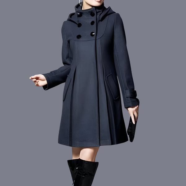 Women’s dark navy hooded coat with double-breasted buttons and side flap pocket styling