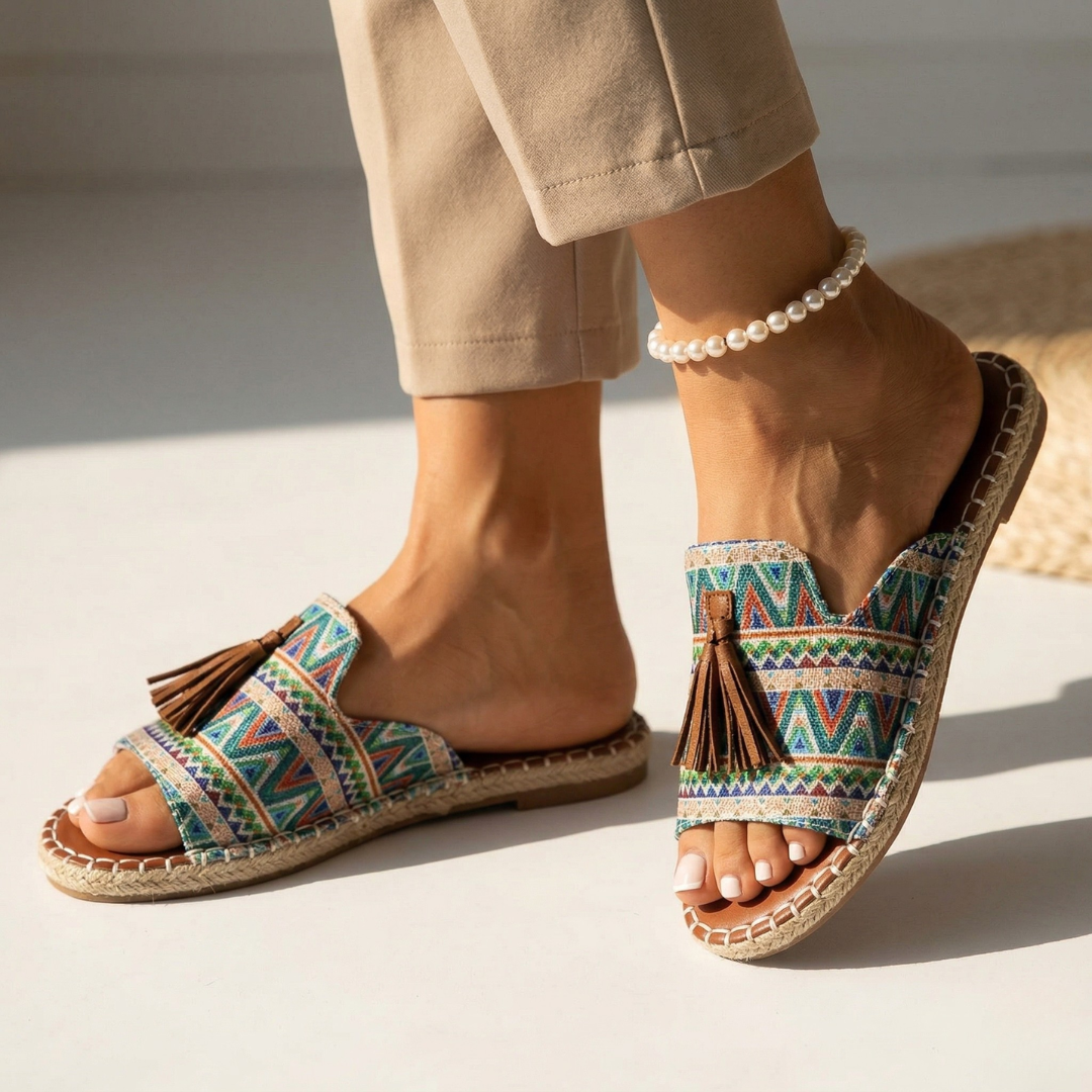 Platform slide sandals with multicolor geometric zigzag fabric straps and tassel detail