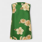 Sage green sleeveless jumpsuit with beige floral print, front laid flat