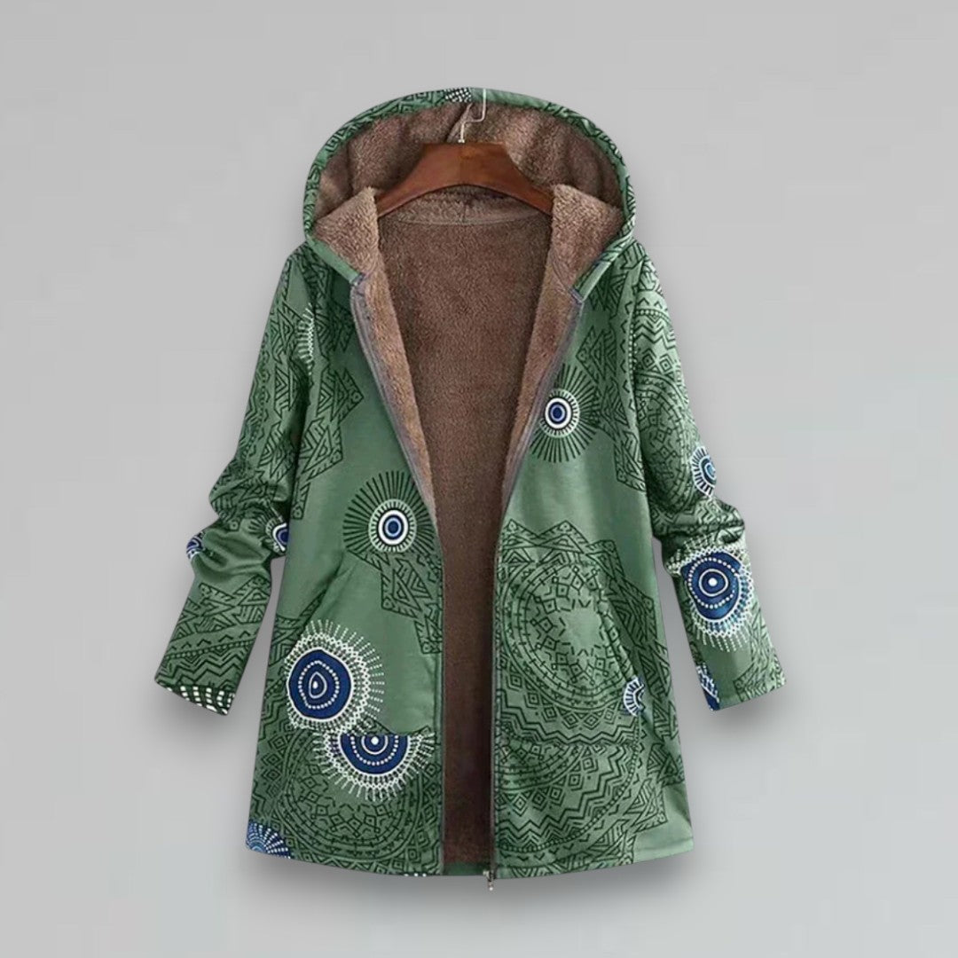 Boho winter jacket, hooded green with blue circular embroidery and zip front