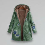 Boho winter jacket, hooded green with blue circular embroidery and zip front
